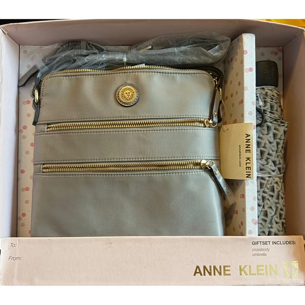 Anne Klein Nylon Crossbody Bag and Umbrella 2 Piece Gift Set Grey AKH4041G NEW